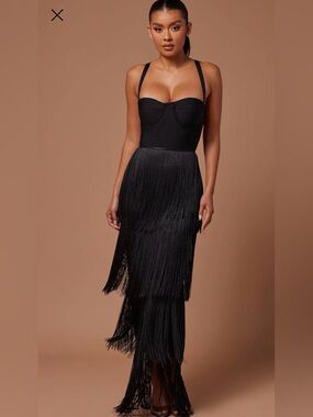 Fashion Nova Black Fringe Maxi Dress